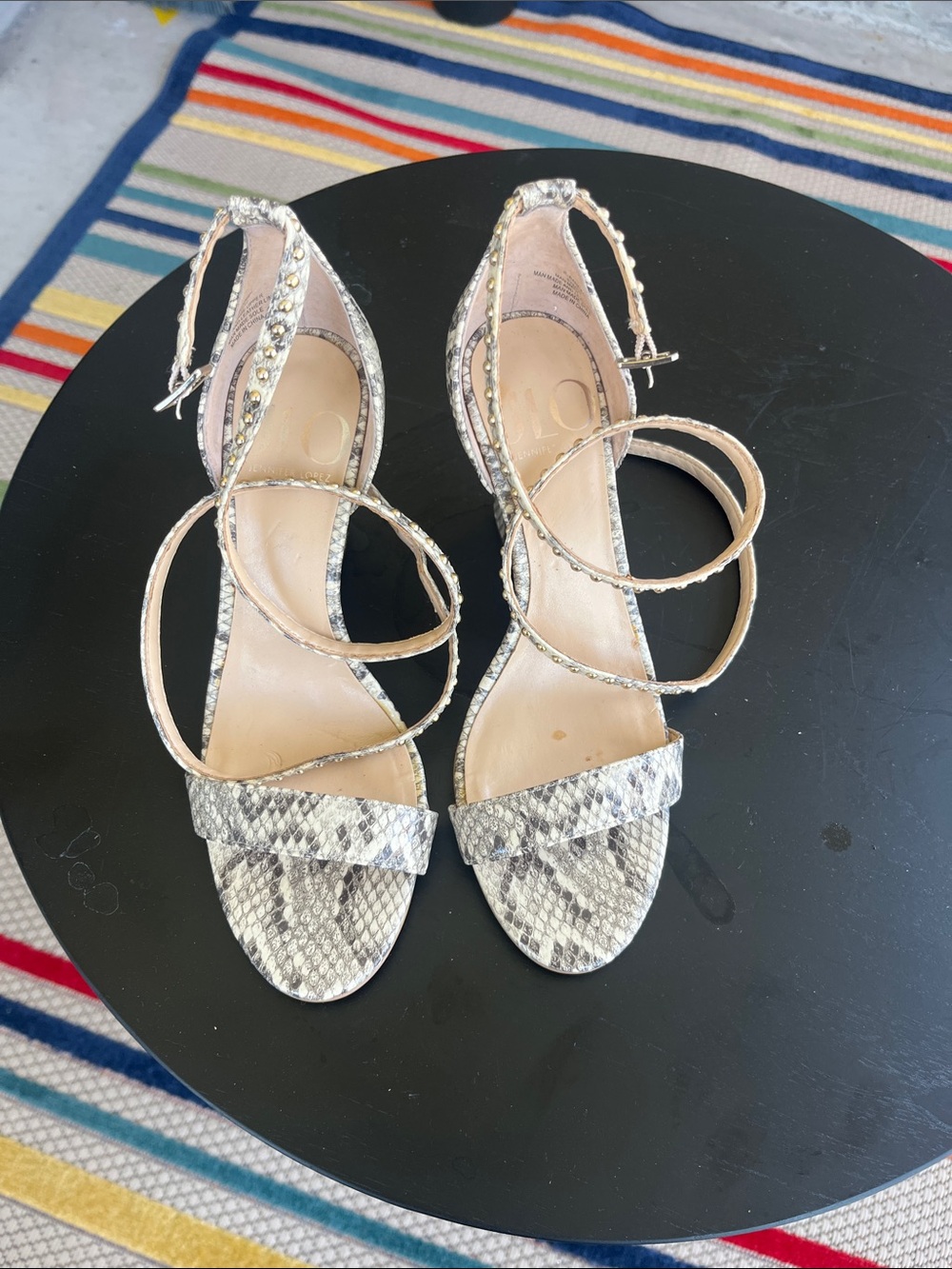 Jennifer Lopez Snake-Print Ankle Wrap Heels in Beige and Black